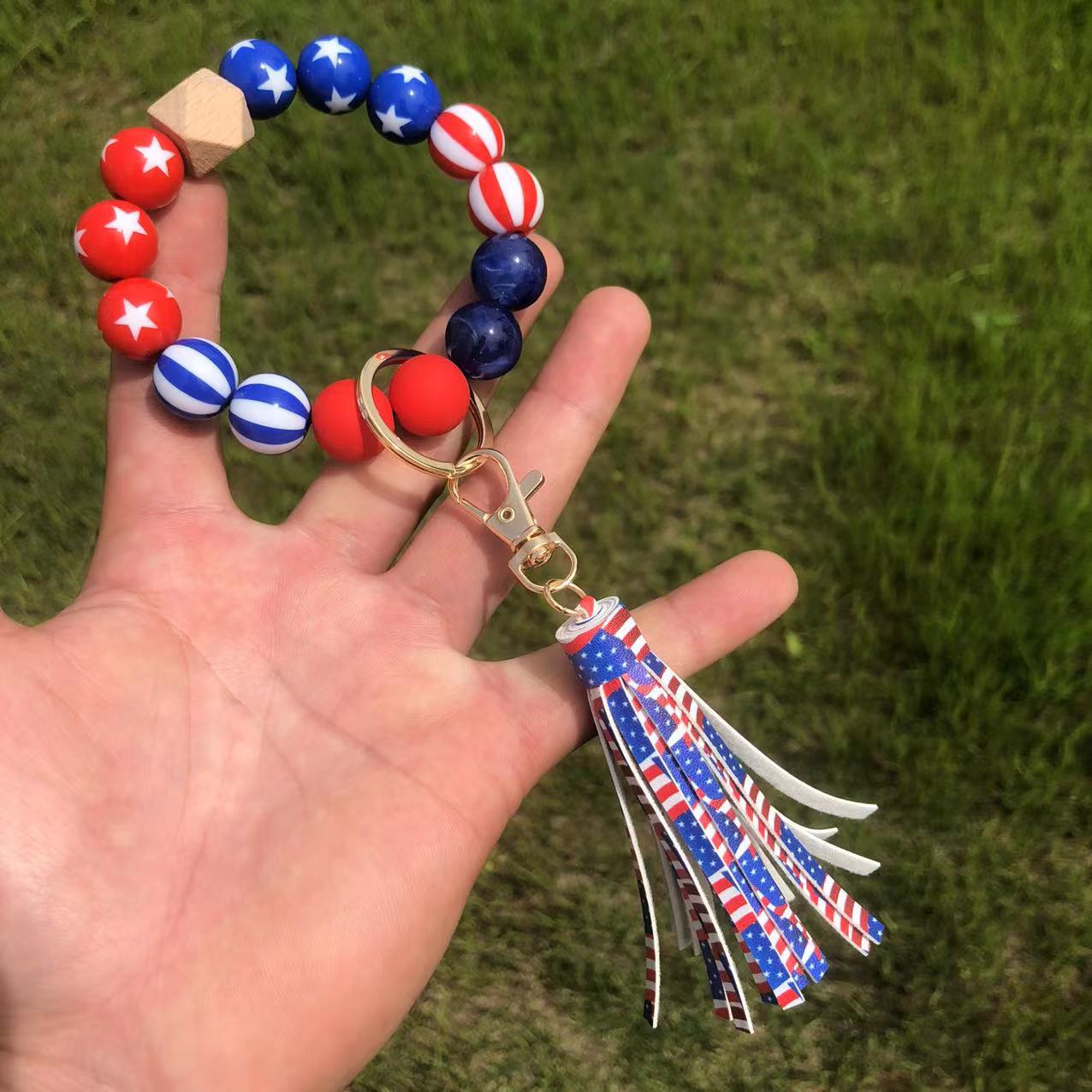 Wholesale Independence Day Wooden Beads Beaded Wrist Keychain